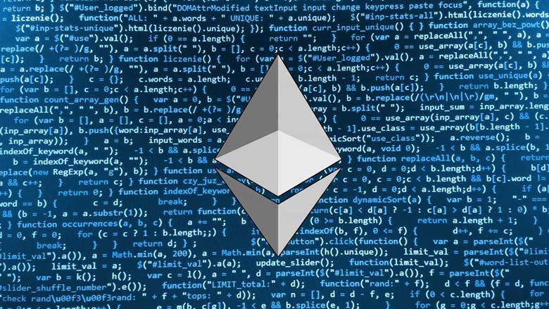 Blockchain development smart contracts, Ethereum currency icon with background with code